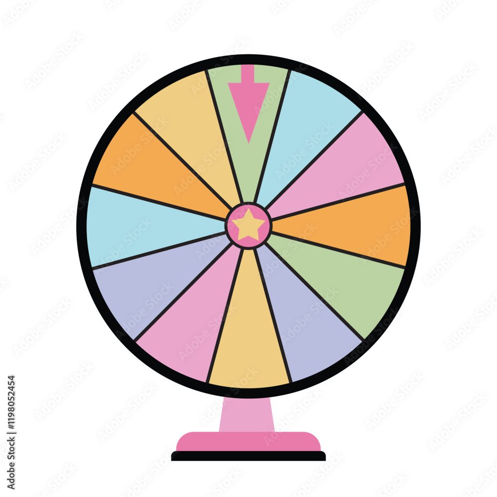 Obraz premium Cartoon Fortune Wheel, Equipment for Lottery Raffle and Gambling Games. Colorful Roulette, Risky Attraction Isolated on White Background.