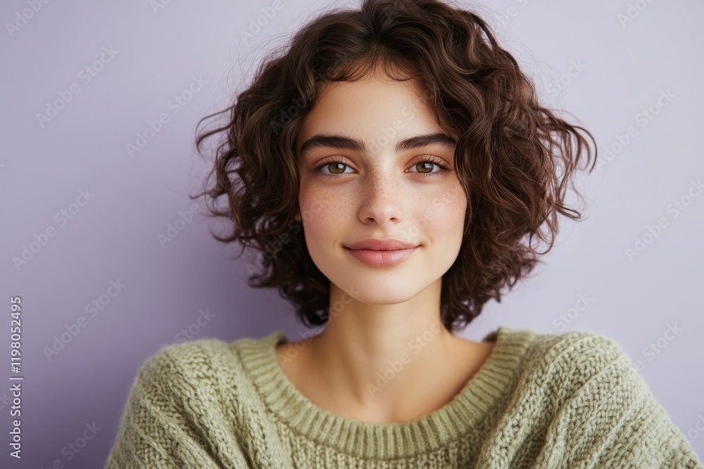 custom made wallpaper toronto digitalYoung woman with curly hair smiles warmly against a pastel purple background in a casual setting