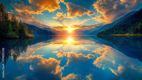 無限の鏡のように空を映し出す湖面の幻想的な風景