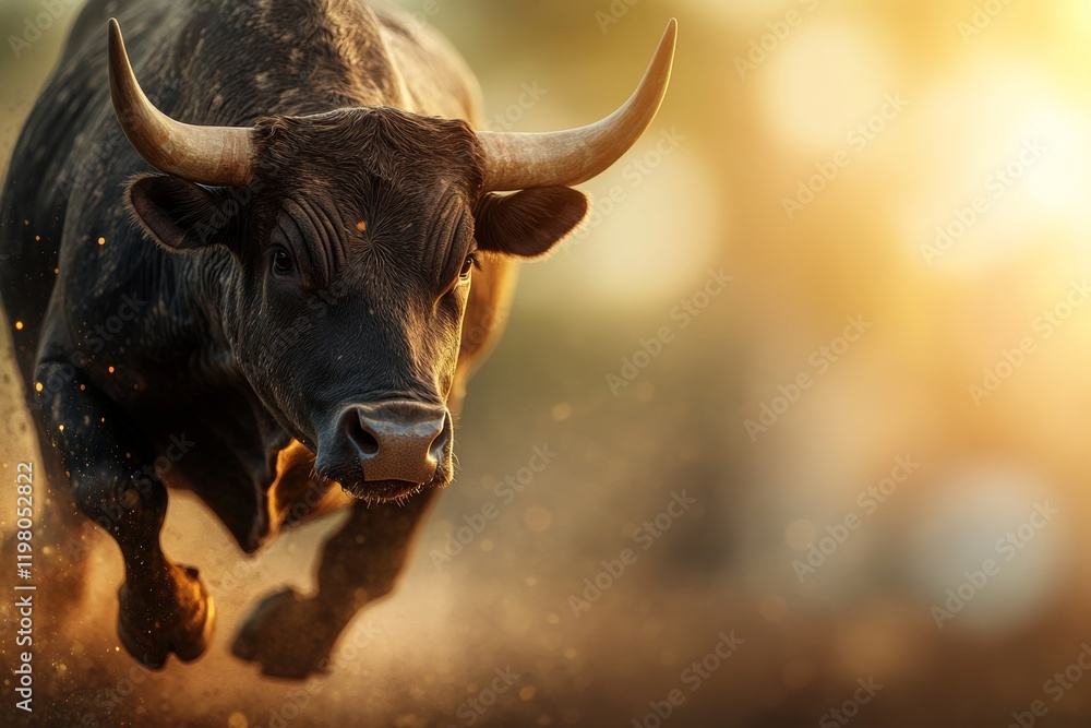 Bull runs energetically through a dusty field at sunset capturing the essence of power and nature in motion Bull runs energetically through a dusty field at sunset capturing the essence of power and nature in motion