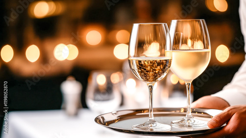 A Toast to Celebration: Two crystal clear wine glasses filled with a sparkling white wine are delicately balanced on a silver serving tray, ready to be served in a romantic and elegant setting.  