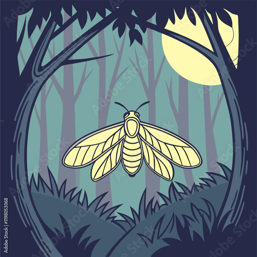 Glowing firefly in a dark forest, magical vector artwork.