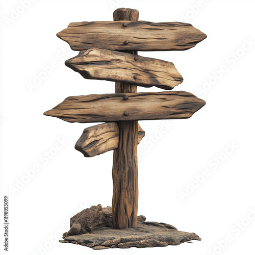 Wood signpost, pointing with direction in cartoon style isolated on white background. Wild west, ui assets design. Empty plank, banner with arrow detailed and textured