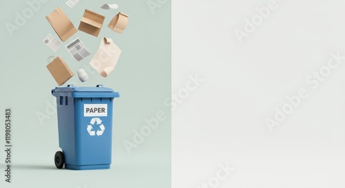 Blue recycling bin for paper products with papers in mid-air