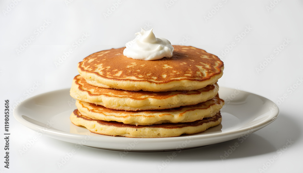 Appetizing Golden Pancakes with Fluffy Whipped Cream on White Plate Appetizing Golden Pancakes with Fluffy Whipped Cream on White Plate