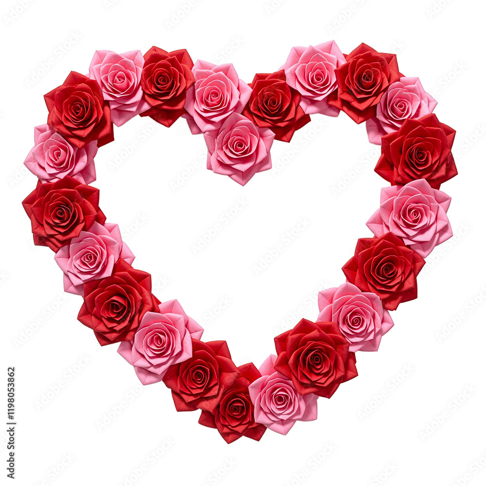 Heart wreath of red pink paper roses on white backdrop Heart wreath of red pink paper roses on white backdrop