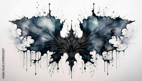 Rorschach Inkblot Test on Isolated White Background Psychological Analysis Tool with Rich Black and Gray Shades, Showcasing Abstract Patterns and Textures photo