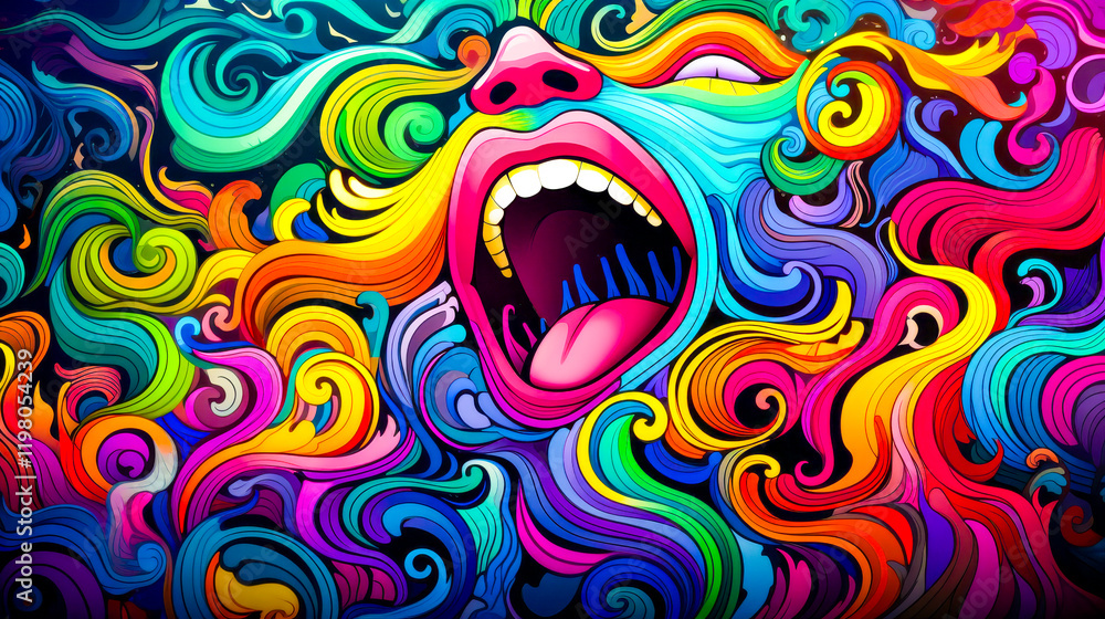 Vibrant Scream: An explosion of color and emotion. A stylized face screams, surrounded by swirling, vibrant patterns in a rainbow of hues. A dynamic and expressive artwork. Vibrant Scream: An explosion of color and emotion. A stylized face screams, surrounded by swirling, vibrant patterns in a rainbow of hues. A dynamic and expressive artwork.