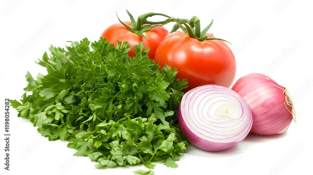 Fresh Parsley Tomatoes And Red Onions Ready For Cooking Fresh Parsley Tomatoes And Red Onions Ready For Cooking