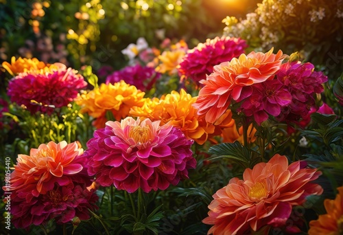 vibrant close colorful blooming flowers surrounded lush fresh greenery showcasing beauty intricacies, petal, leaf, garden, flora, nature, outdoor, growth photo