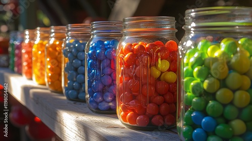 Collection of Mason Jars with Rainbow Candies on a Bright Picnic Table in the Sun photo