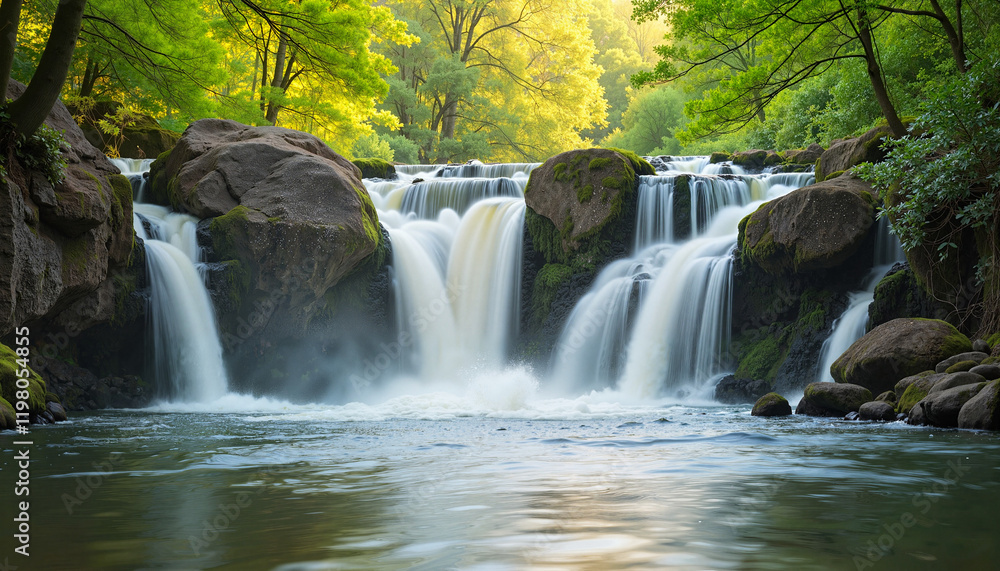 Waterfall cascading over rocks in vibrant green forest Waterfall cascading over rocks in vibrant green forest