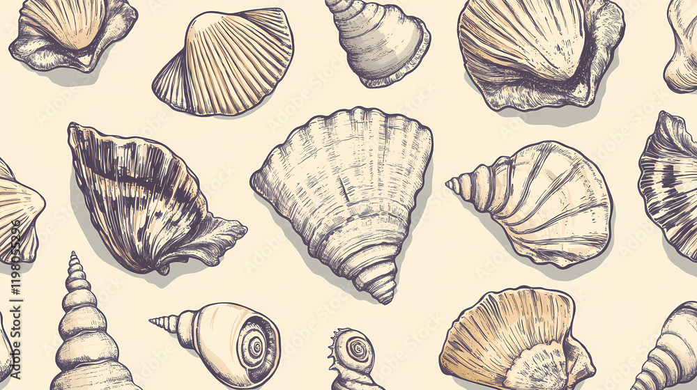 Retro hand drawn seashell seamless pattern tropical summer background illustration vintage marine nature print shell animal wallpaper texture. Seashell. Illustration Retro hand drawn seashell seamless pattern tropical summer background illustration vintage marine nature print shell animal wallpaper texture. Seashell. Illustration