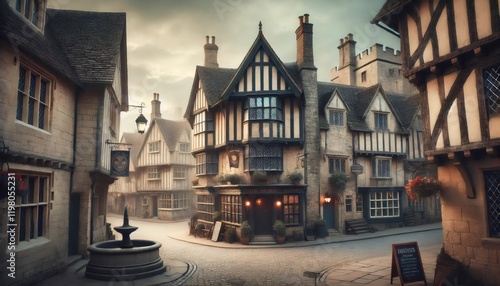 Charming tudor style village with traditional pub at dawn