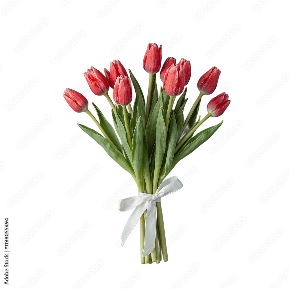 Elegant red tulip bouquet with white ribbon on gray backdrop Elegant red tulip bouquet with white ribbon on gray backdrop