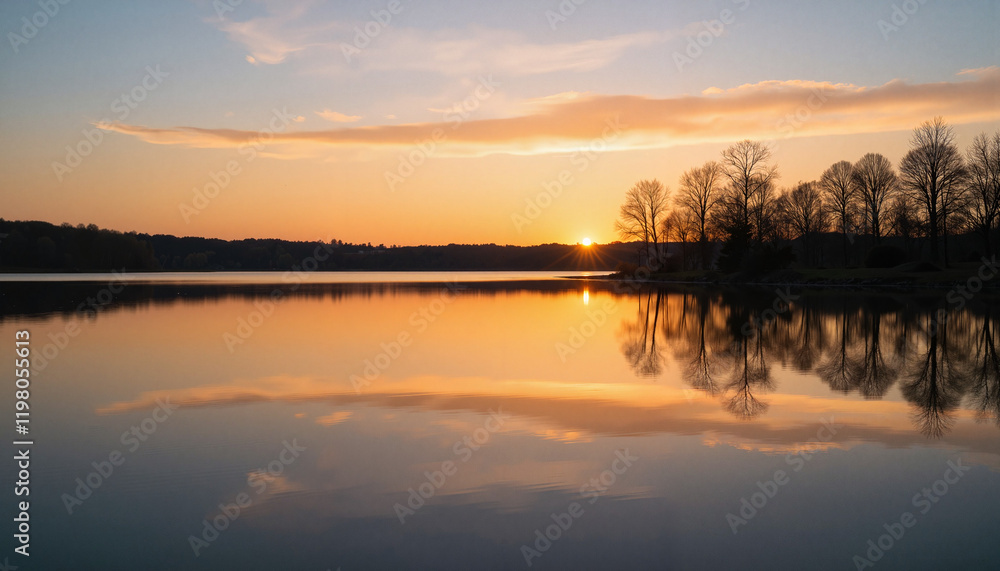 Sunset reflections over calm lake with silhouetted trees Sunset reflections over calm lake with silhouetted trees