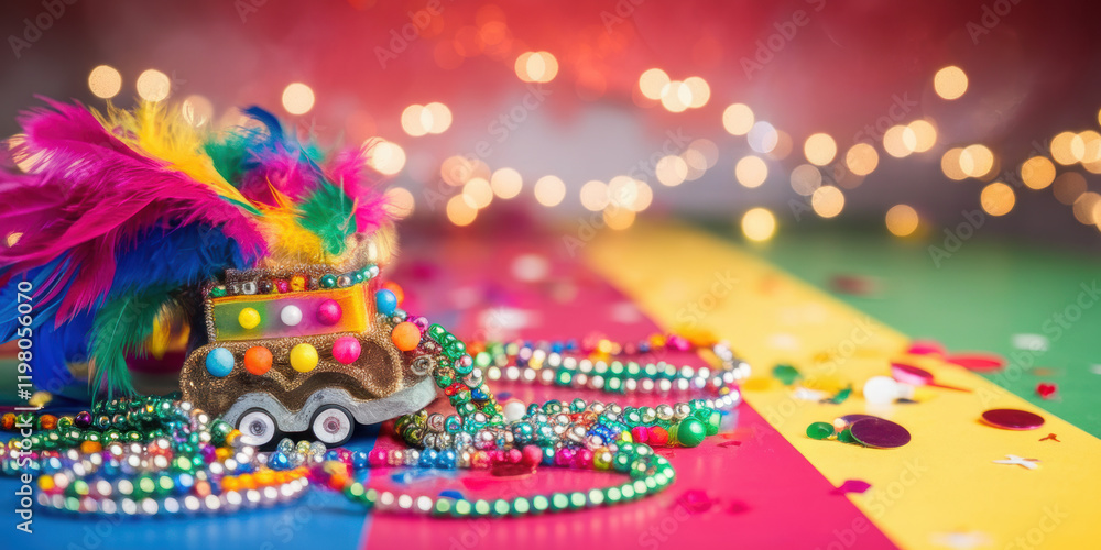 Festive Mardi Gras Float with Beads Feathers Festive Mardi Gras Float with Beads Feathers