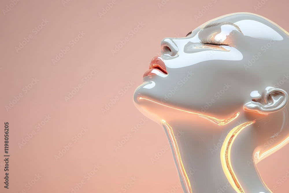 Naklejka premium Elegant ceramic mannequin with closed eyes and serene expression against a soft pastel background