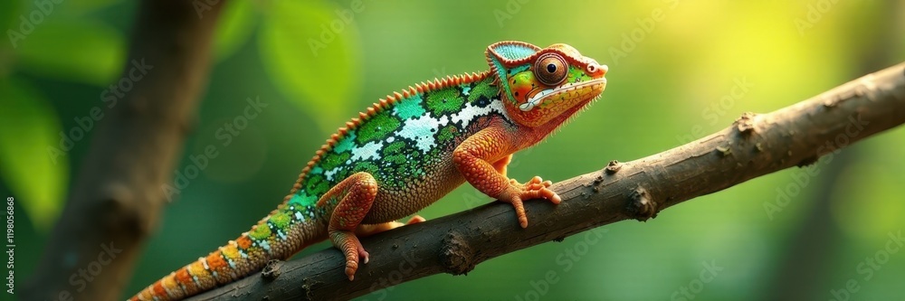 Chameleon on slender tree trunk, dappled sunlight, exotic, wild Chameleon on slender tree trunk, dappled sunlight, exotic, wild