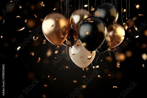 Festive black, gold, and white balloons with confetti floating against a dark background for celebration photo