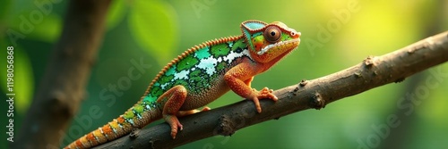 Wallpaper Mural Chameleon on slender tree trunk, dappled sunlight, exotic, wild Torontodigital.ca