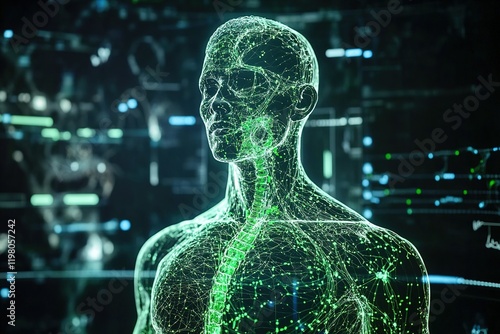 Human anatomy. The anatomical model of a human lymphatic system is rotated around its axis on futuristic head-up display