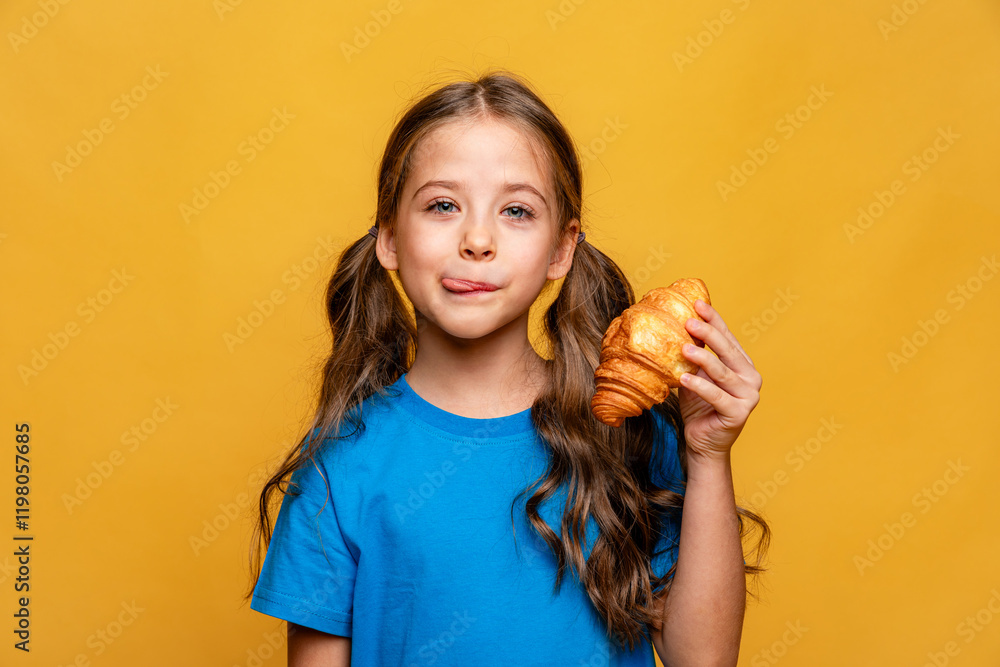 Happy smiling little girl in blue t-shirt eating French croissant on yellow background, and licks her lips with pleasure. Copy space. High quality photo. French breakfast concept. Happy smiling little girl in blue t-shirt eating French croissant on yellow background, and licks her lips with pleasure. Copy space. High quality photo. French breakfast concept.