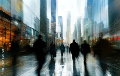Wallpaper Mural Business people in motion, silhouettes of office workers and businesspeople walking through an urban cityscape with skyscrapers in the background Blurred or bokeh effect Generative AI Torontodigital.ca