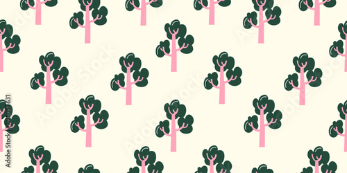 Seamless Minimalist Tree Pattern with Green Foliage on Light Background
