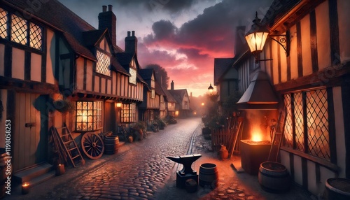 Medieval cobblestone street with blacksmith at sunset in a picturesque village