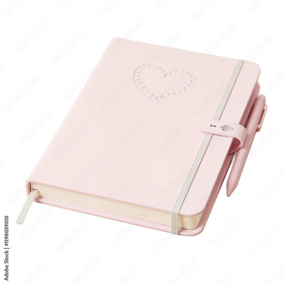 Pastel pink notebook with heart embossed cover on beige surface Pastel pink notebook with heart embossed cover on beige surface