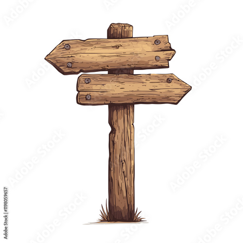 Wood signpost, pointing with direction in a vector cartoon style isolated on white background. Wild west, ui assets design. Empty plank, banner with arrow detailed and textured