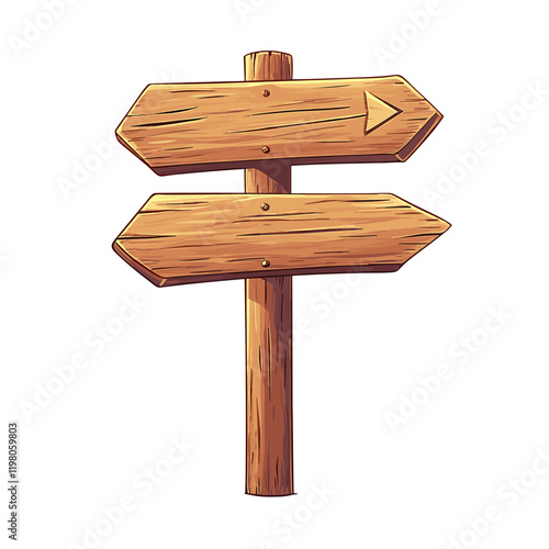 Wood signpost, pointing with direction in a vector cartoon style isolated on white background. Wild west, ui assets design. Empty plank, banner with arrow detailed and textured
