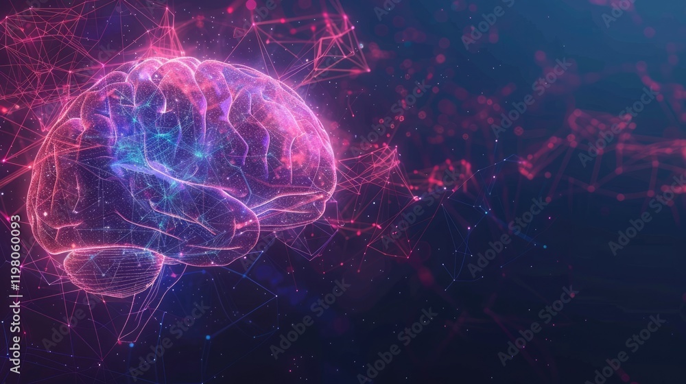 An image of the human brain in the form of a growing neural network with bright neon lines on a dark background. The concept of technology and neuroscience. An image of the human brain in the form of a growing neural network with bright neon lines on a dark background. The concept of technology and neuroscience.