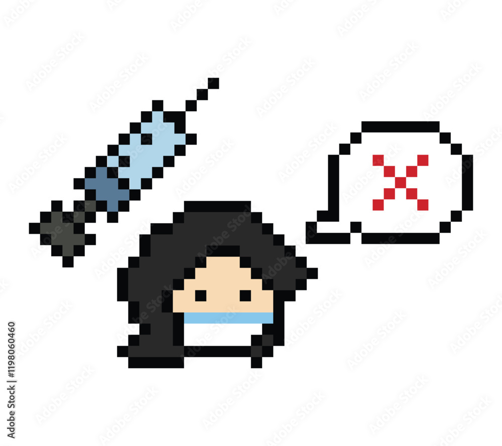 Fototapeta premium Pixel cartoon 8bit character woman sick medicine patient remedy sick unwell feel decoration 8 bit female girl lady drug pill 8bit isolated PNG vector.