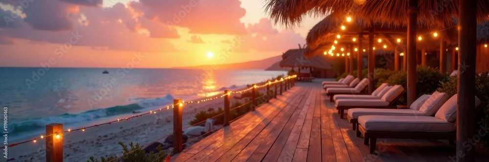 Obraz premium Soft sunset light blends with warm yellow string lights on beach resort's wooden deck, blurred, yellow