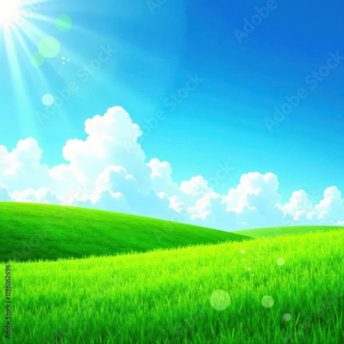 Vibrant green meadow, azure sky, fluffy white clouds , picture, bright