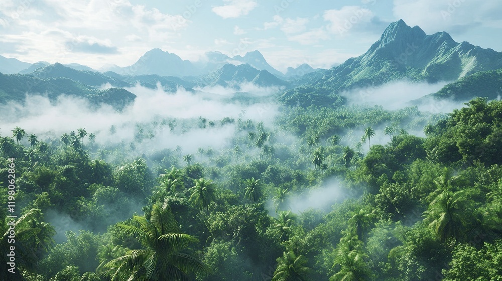 Aerial view of a dense tropical rainforest with fog and mountains in the background Aerial view of a dense tropical rainforest with fog and mountains in the background