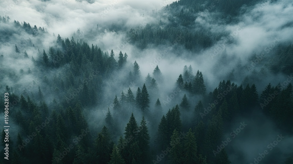 Fototapeta premium Aerial view of tropical forest with morning fog, nature landscape background