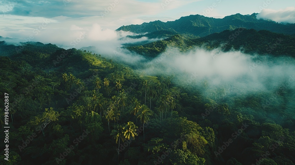 Obraz premium Aerial view of tropical forest with morning fog, nature landscape background