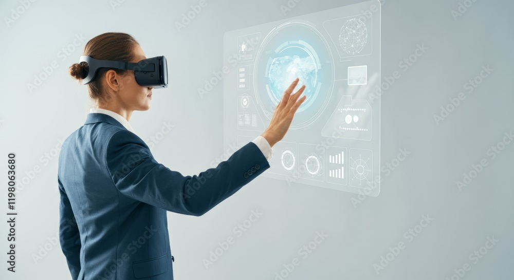 Woman wearing a suit is using a virtual reality headset Woman wearing a suit is using a virtual reality headset