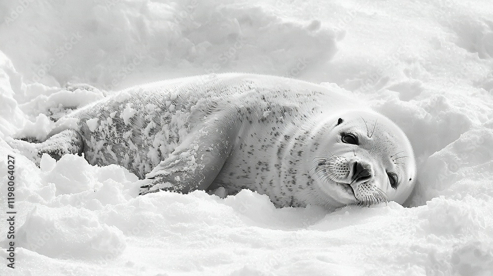 Naklejka premium A seal rests atop snow, adjacent to three stacks of snow