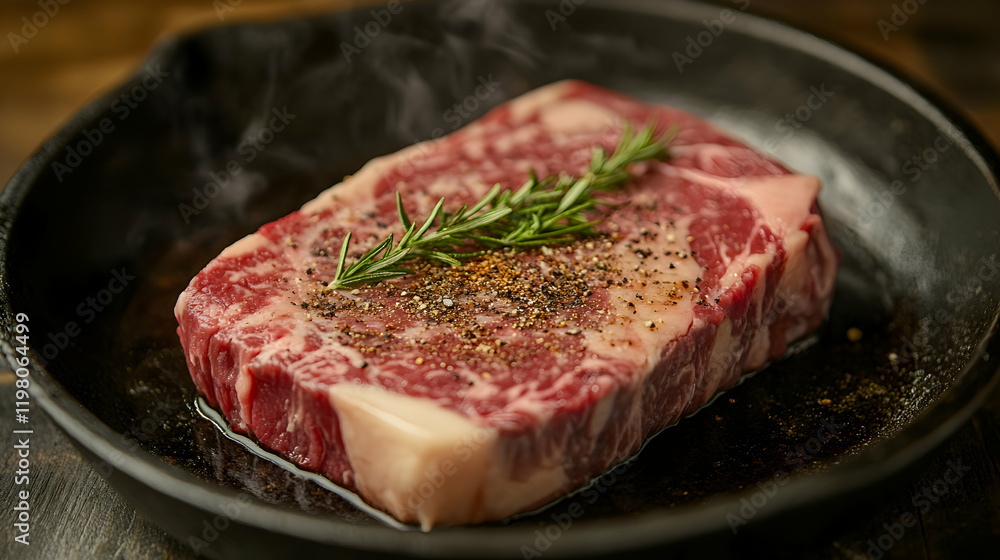 Close-up of a perfectly seared Wagyu ribeye beef steak seasoned with spices and rosemary, presented in a rustic iron pan, showcasing its marbling and texture for gourmet culinary art Close-up of a perfectly seared Wagyu ribeye beef steak seasoned with spices and rosemary, presented in a rustic iron pan, showcasing its marbling and texture for gourmet culinary art