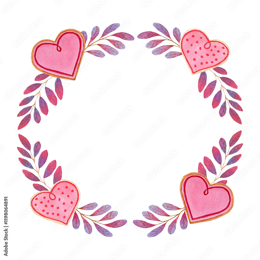 Watercolor frame with heart-shaped pink cookies and violet rose brunches. Watercolor frame with heart-shaped pink cookies and violet rose brunches.