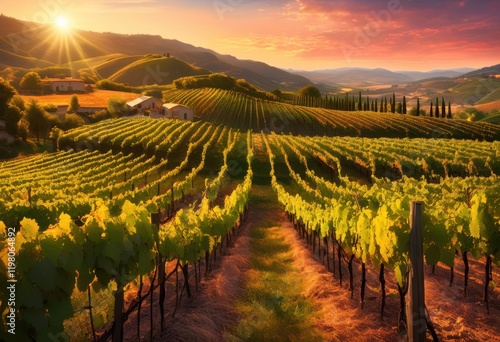 breathtaking vineyard landscape sunrise lush green grapes warm color palette illuminated skies, autumn, background, sunset, field, harvest, hills, flora photo