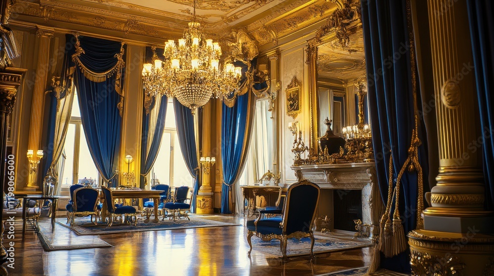 Obraz premium Opulent Gold and Blue Palace Interior: A Glimpse into Royal Grandeur