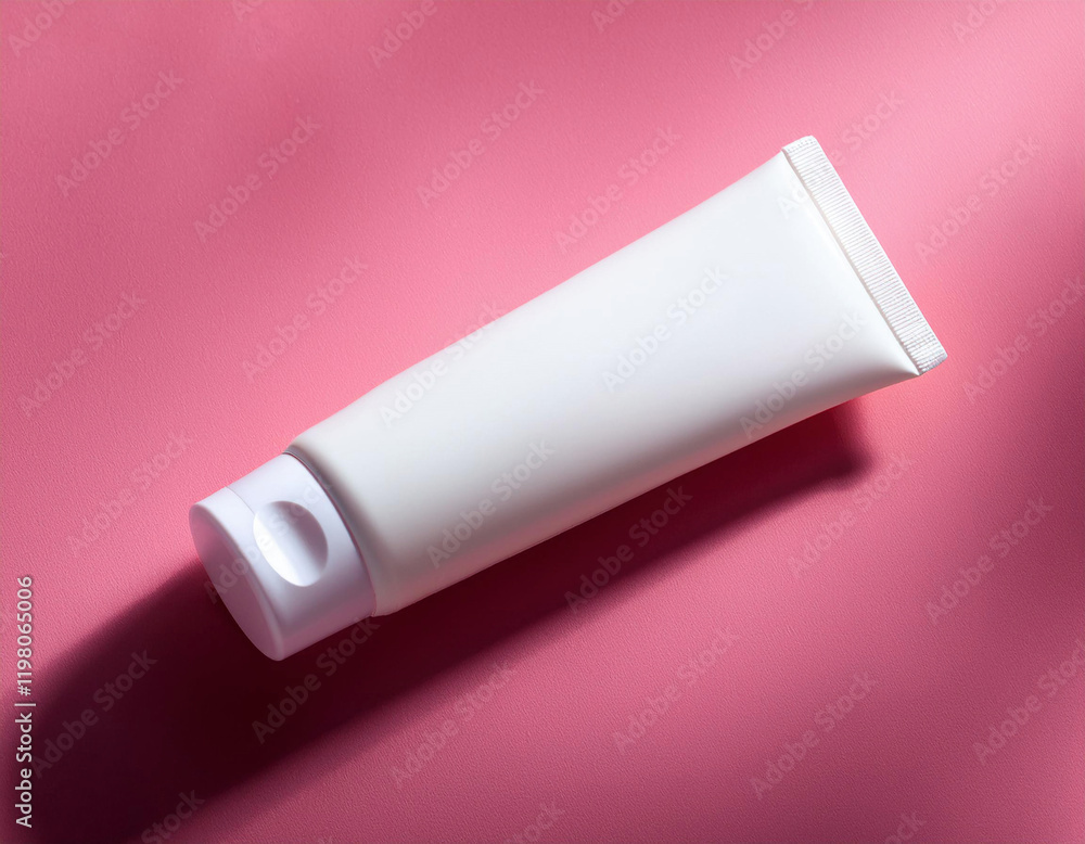 A white cosmetic tube lies diagonally on a pink background casting a soft shadow. A white cosmetic tube lies diagonally on a pink background casting a soft shadow.