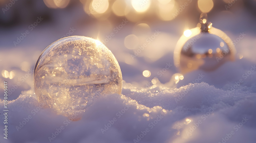 Close-up of ornaments in snow for winter or holiday-themed imagery Close-up of ornaments in snow for winter or holiday-themed imagery