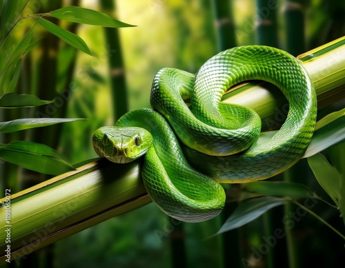 close up of a green snake is colling arround on a bamboo plant in bamboo forest photo