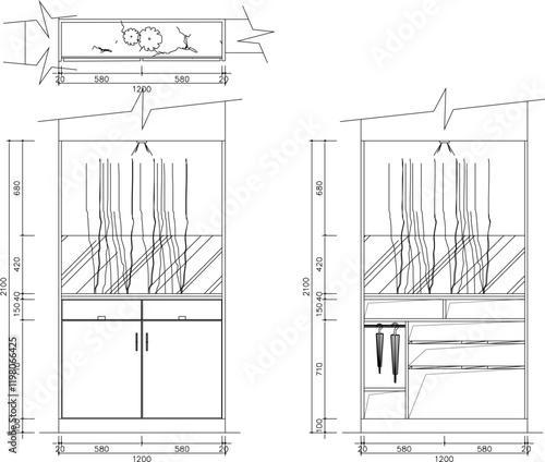 vector sketch, silhouette illustration, cupboard furniture design drawing for the living room 